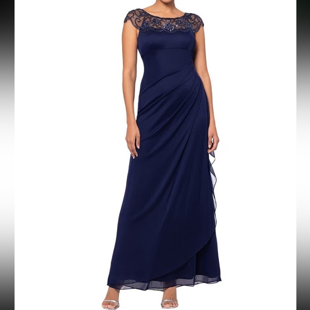 Xscape Beaded Yoke Cap Sleeve Round Neck Ruched Cascade Ruffle
Side Gown - Picture 11 of 12